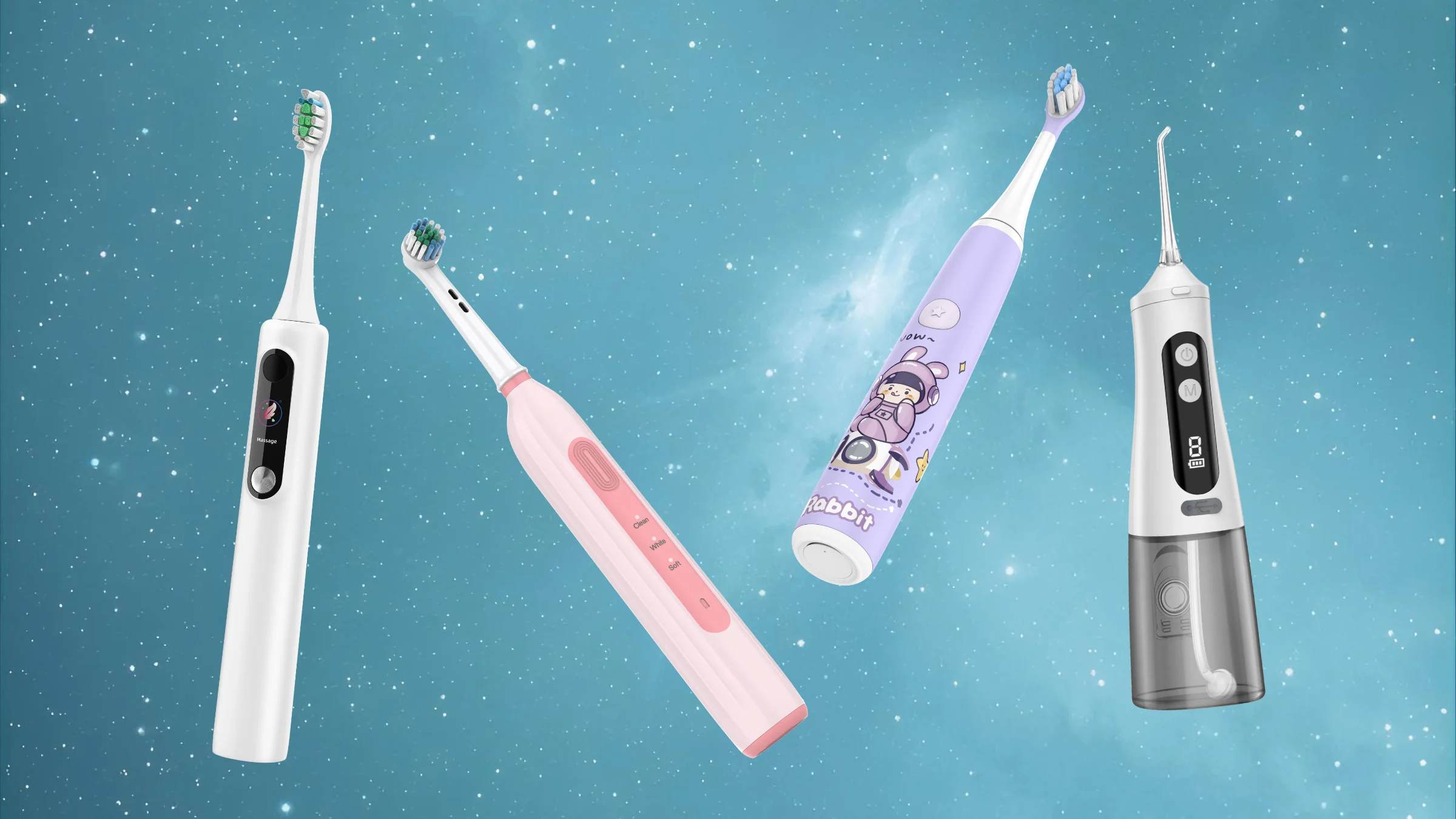 Electric toothbrushes and a water flosser from Grin Teeth shown on a blue background as a full oral care tools collection.