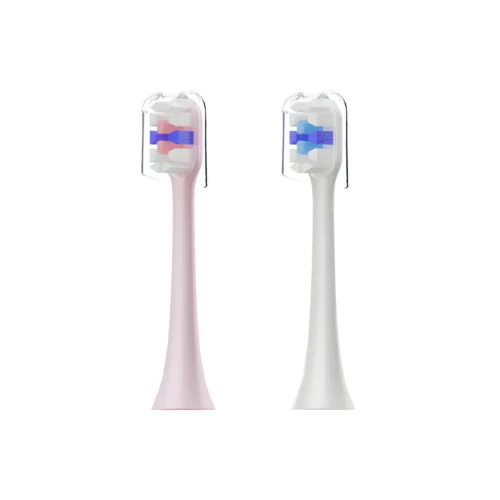 ET 3 Toothbrush Heads in purple and white with 3D multi-layer bristles and hygiene caps, designed for 200% plaque cleaning.