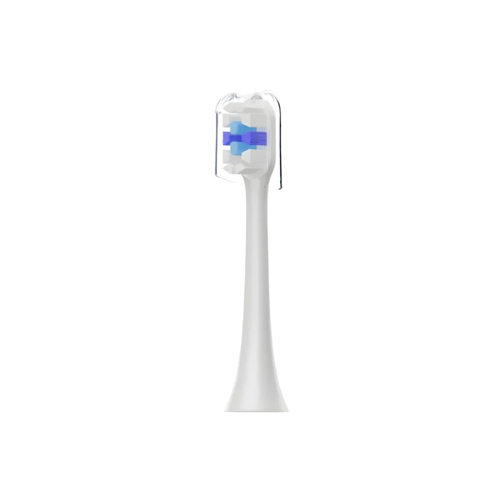 White ET 3 Toothbrush Heads with 3D multi-layer bristles and clear cap, separating bristle zones to limit toothpaste residue.