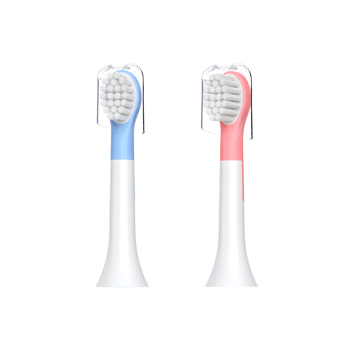 ET 4 Toothbrush Heads in blue and pink, compact silicone kids brush heads with ultra-soft bristles and hygienic travel caps.