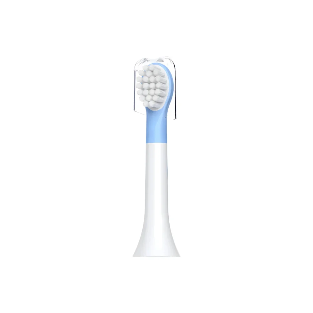 Blue ET 4 Toothbrush Heads refill, compact silicone kids brush head with ultra-soft bristles and a clear protective cap.