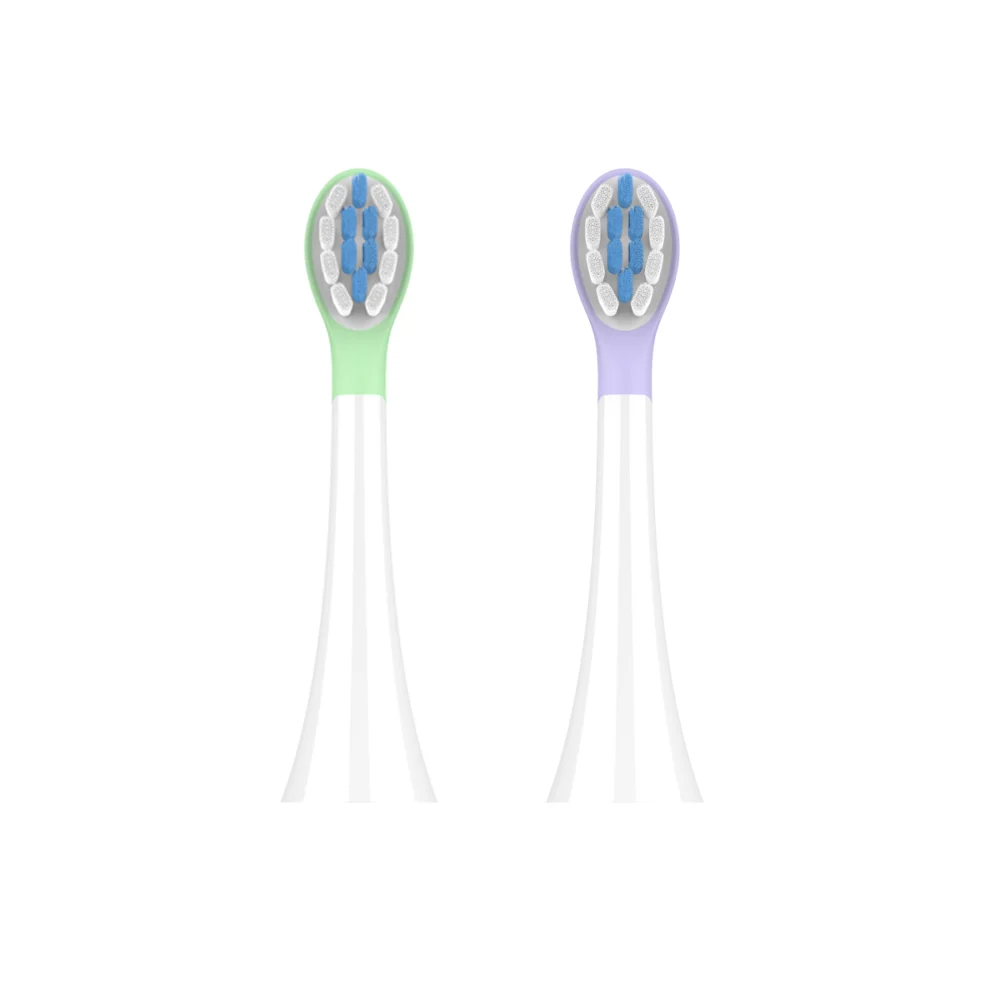 ET 5 Toothbrush Heads, green and purple soft silicone brush heads for kids, safe non-toxic materials, gentle on delicate gums