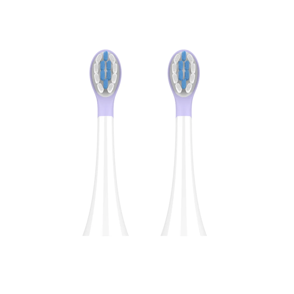 ET 5 Toothbrush Heads, two purple soft silicone brush heads, safe non-toxic materials, gentle on kids’ gums and teeth