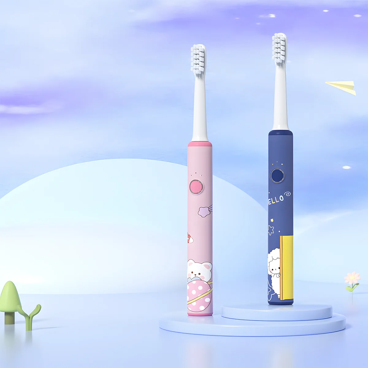 Grin Teeth ET 9 electric toothbrush for teens with braces, pink and blue versions shown for braces-friendly cleaning