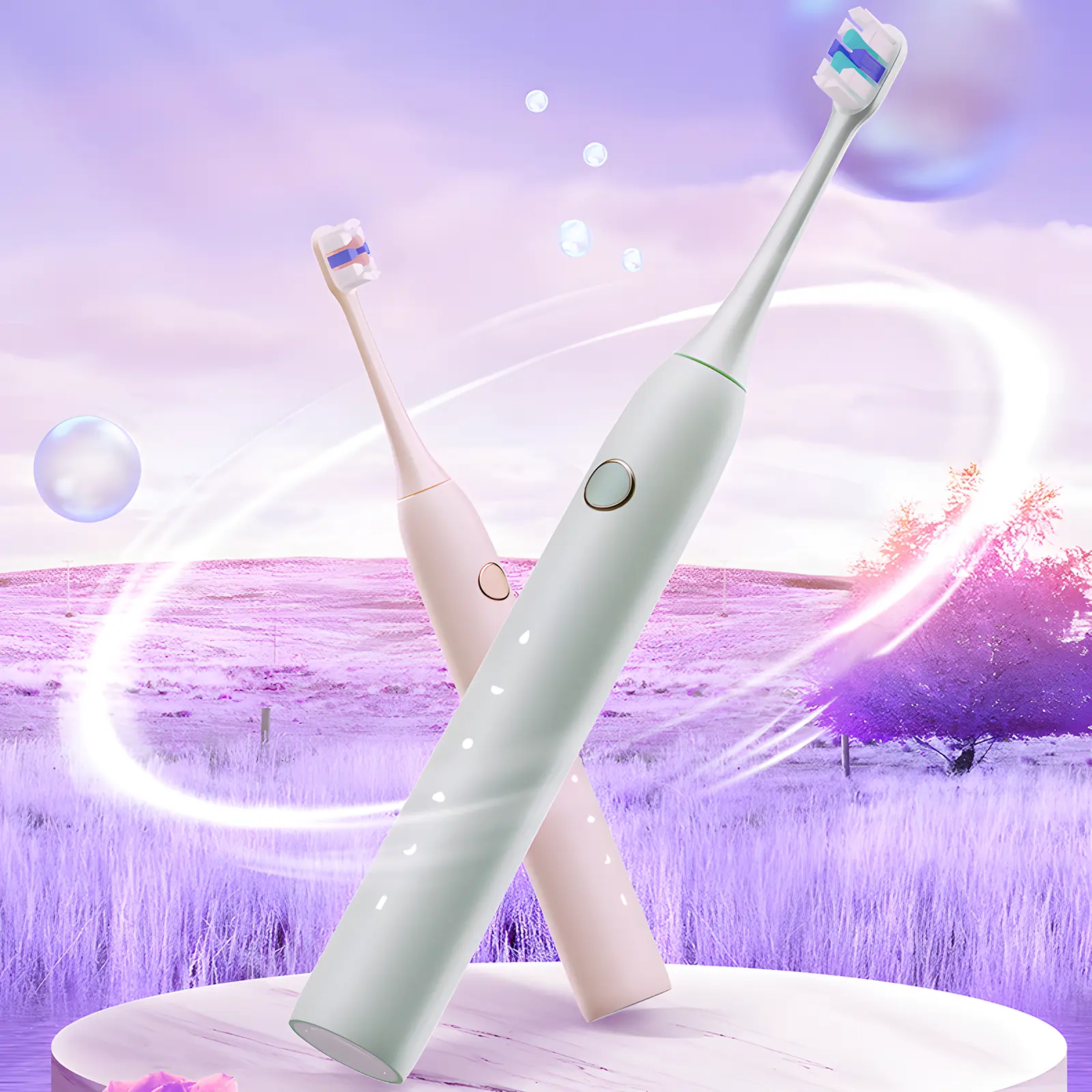 Grin Teeth ET 3 minimalist sonic toothbrush in soft pink and green, floating with bubbles