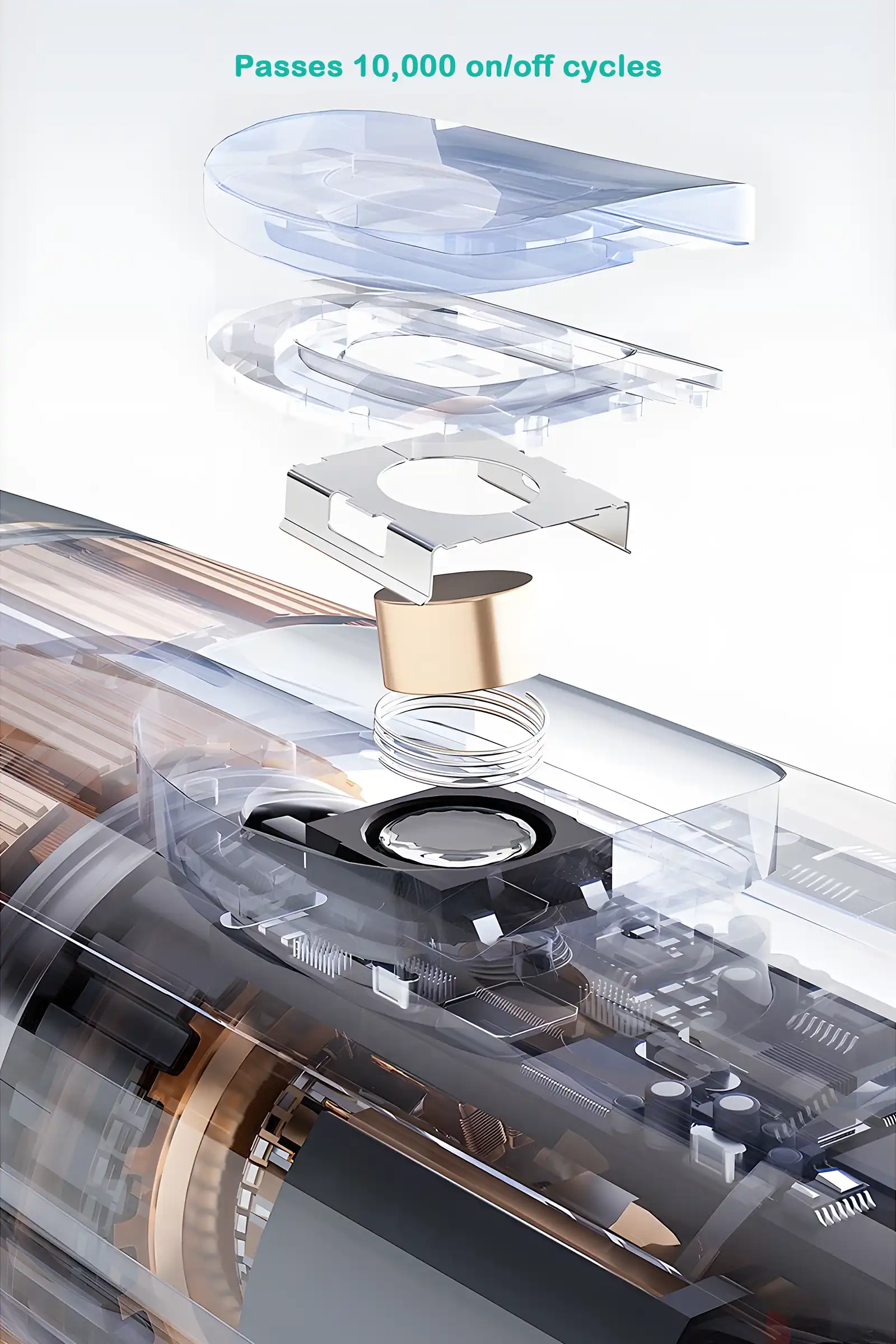 Internal structure of Grin Teeth ET 4 kids toothbrush showing button components tested to withstand 10,000 on/off cycles for durability