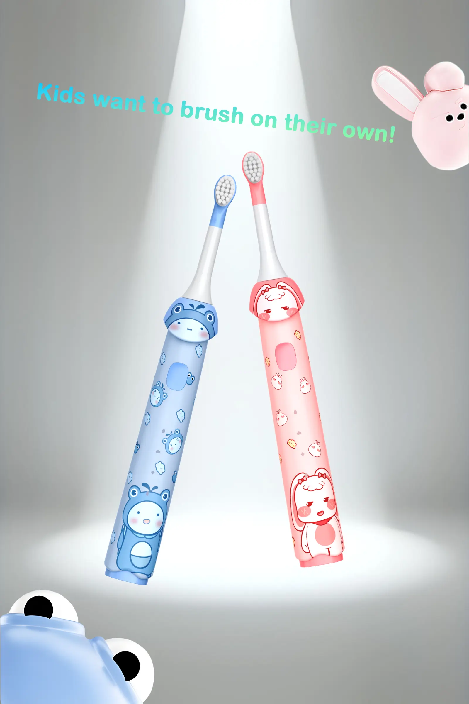 Grin Teeth ET 4 fun children’s electric toothbrushes with playful blue and pink character designs motivating kids to brush independently