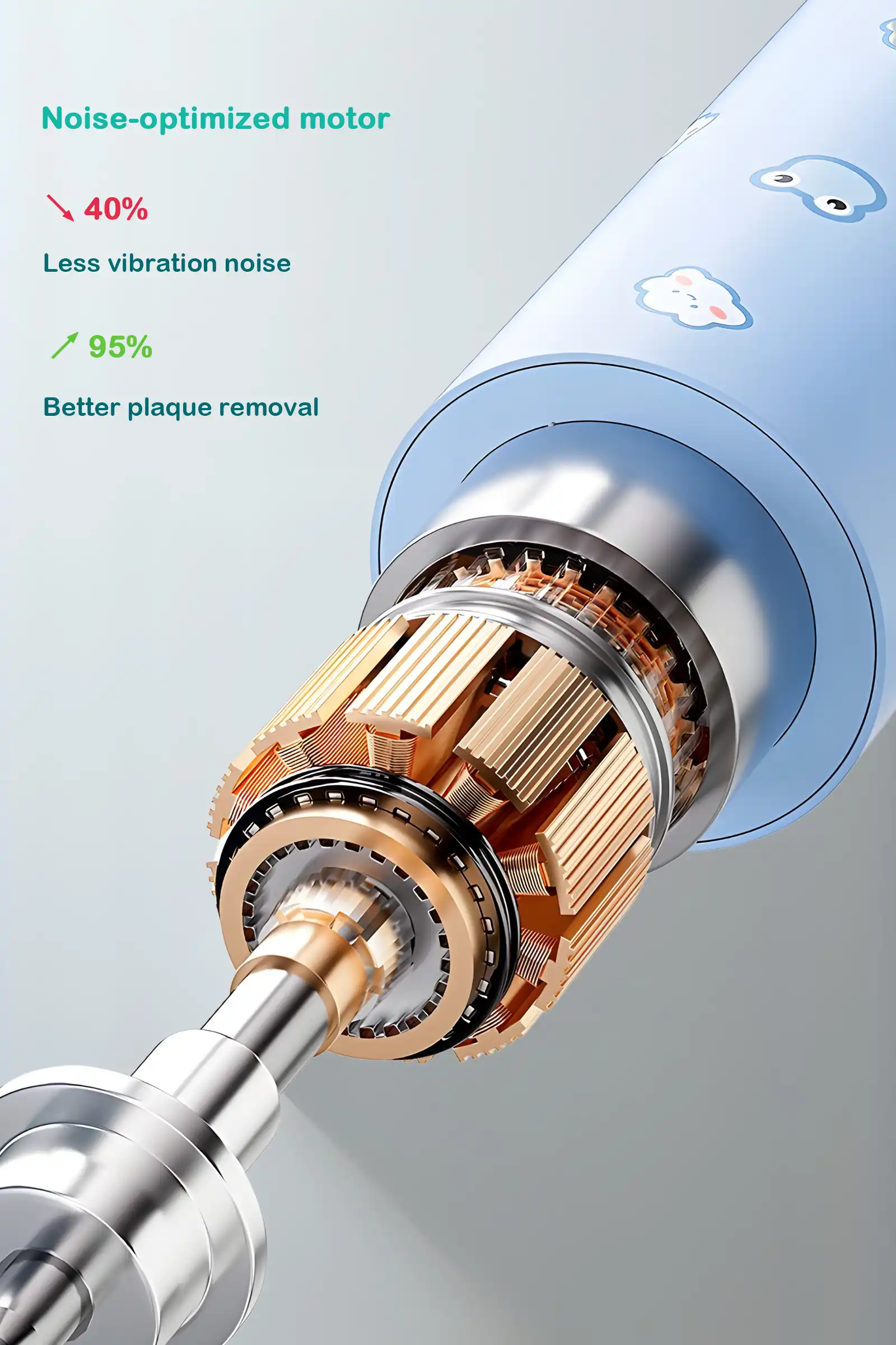 Grin Teeth ET 4 kids toothbrush with noise-optimized motor showing 40% less vibration noise and 95% improved plaque removal