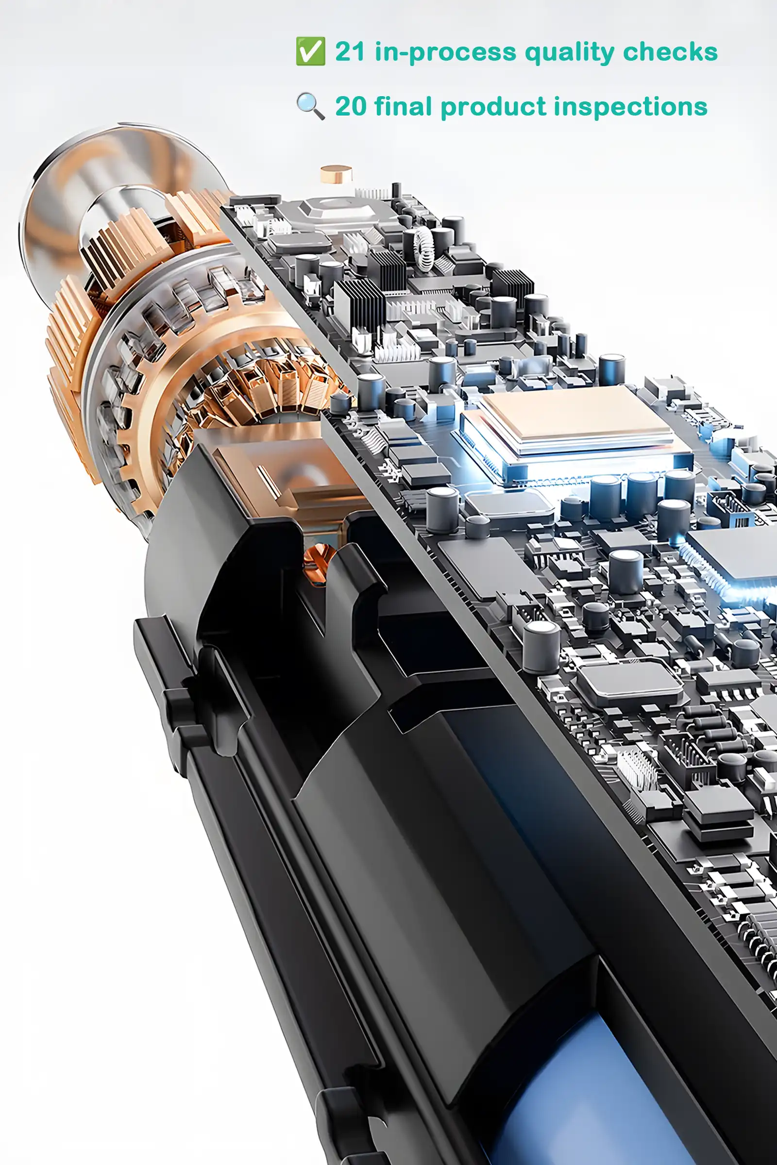 Internal structure of the Grin Teeth ET 4 kids toothbrush showing motor and circuit design with 21 in-process checks and 20 final inspections