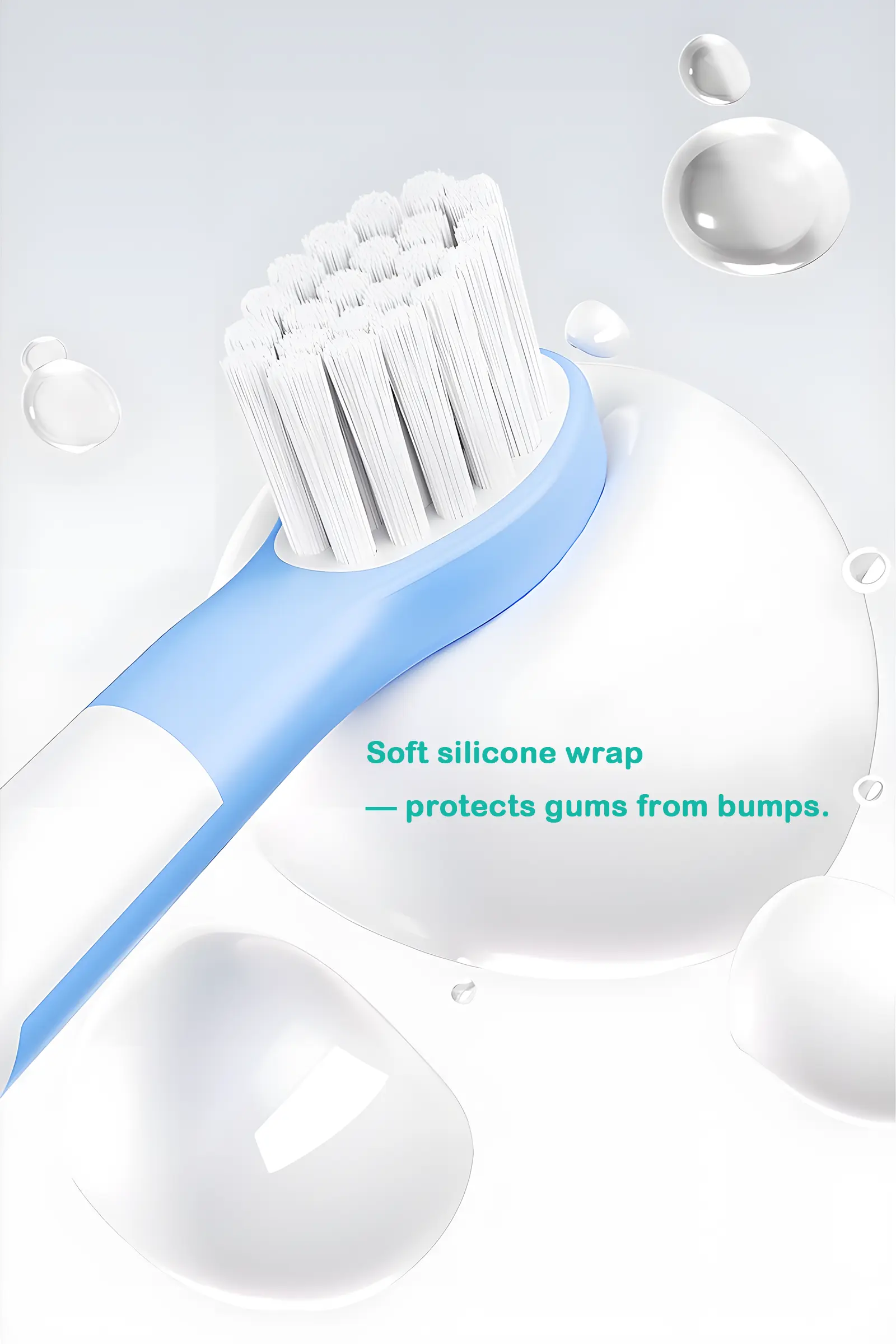 Grin Teeth ET 4 kids toothbrush with soft silicone wrap around the brush head to protect gums and provide a gentle, fun brushing experience