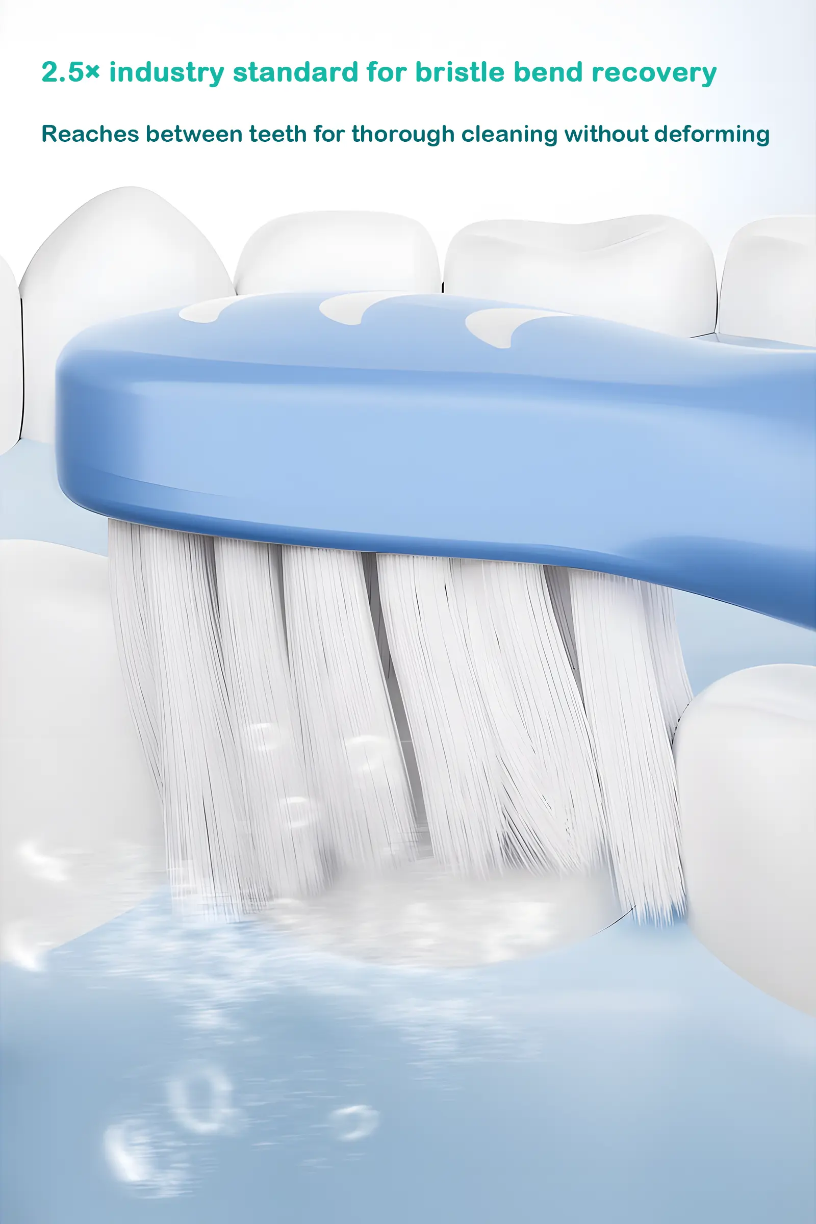 Close-up of Grin Teeth ET 4 kids toothbrush bristles showing 2.5× bend recovery strength for deep, effective cleaning between teeth without deforming