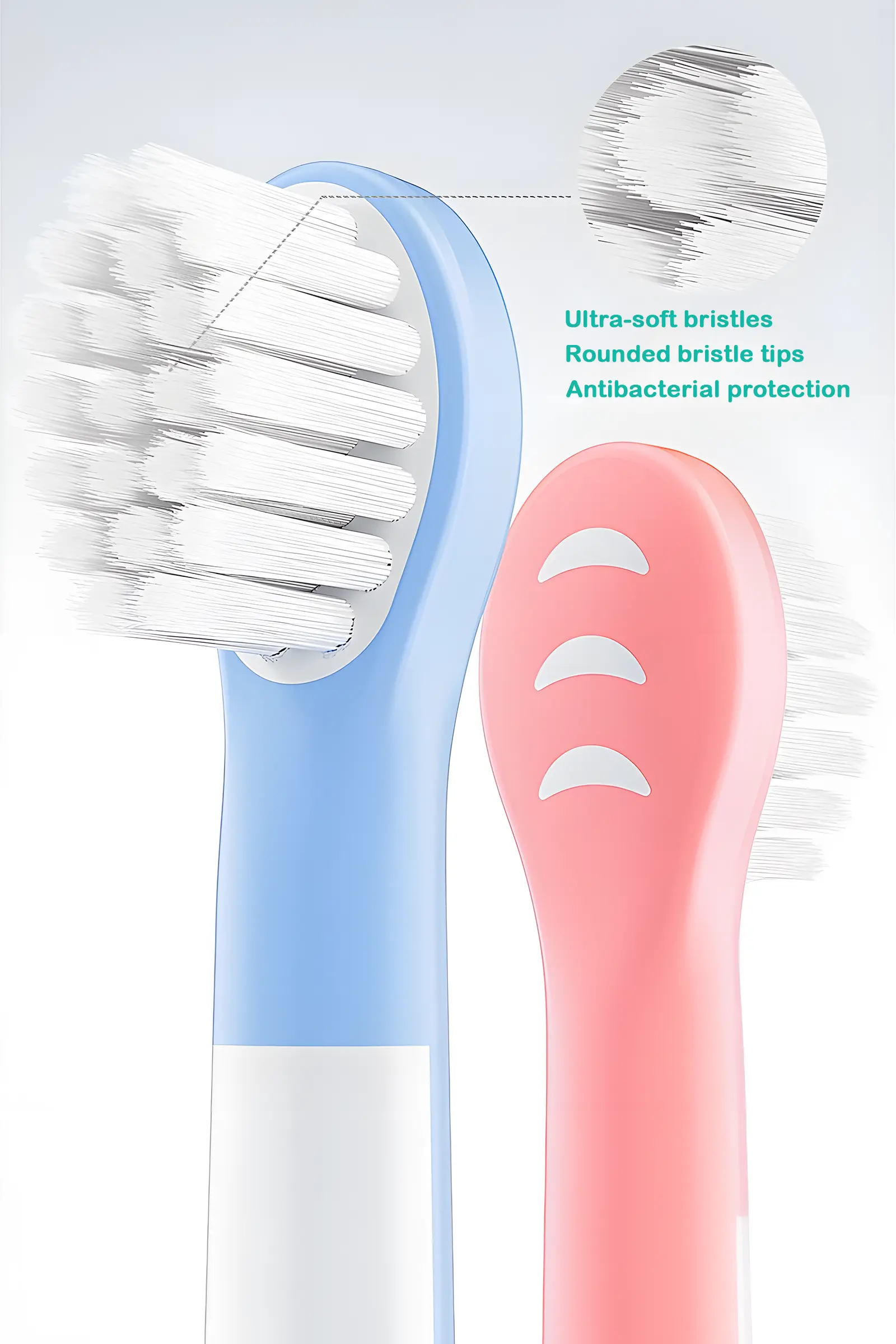 Close-up of Grin Teeth ET 4 fun kids toothbrush heads with ultra-soft rounded bristles and antibacterial protection for gentle daily brushing