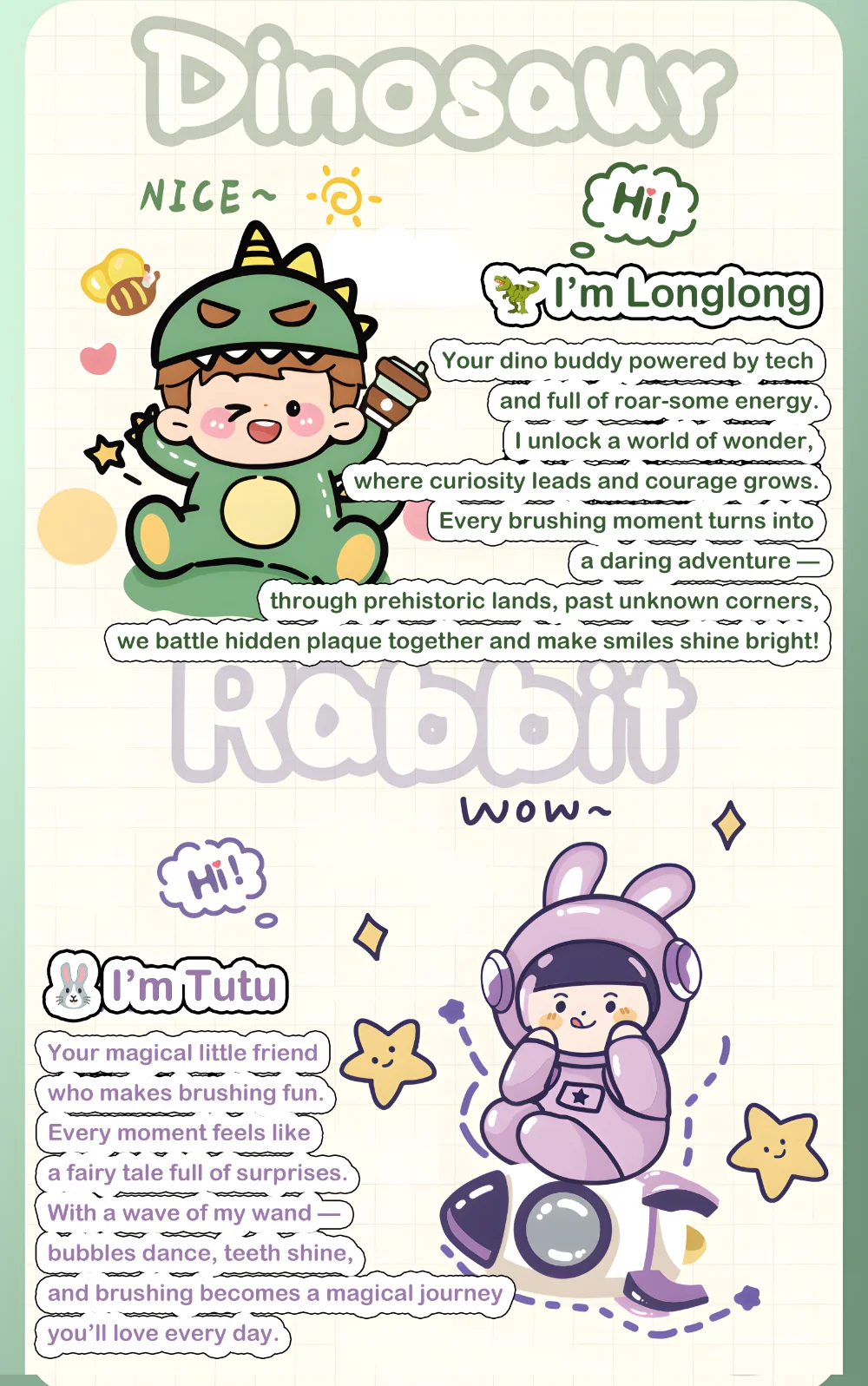 Dino and rabbit character story poster for Kids Electric Toothbrush with Pressure Sensor in the Grin Teeth ET 5 series.