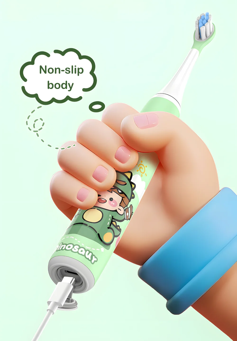 Close-up of a child holding a dinosaur Kids Electric Toothbrush with Pressure Sensor, showing the non-slip handle and charging port.