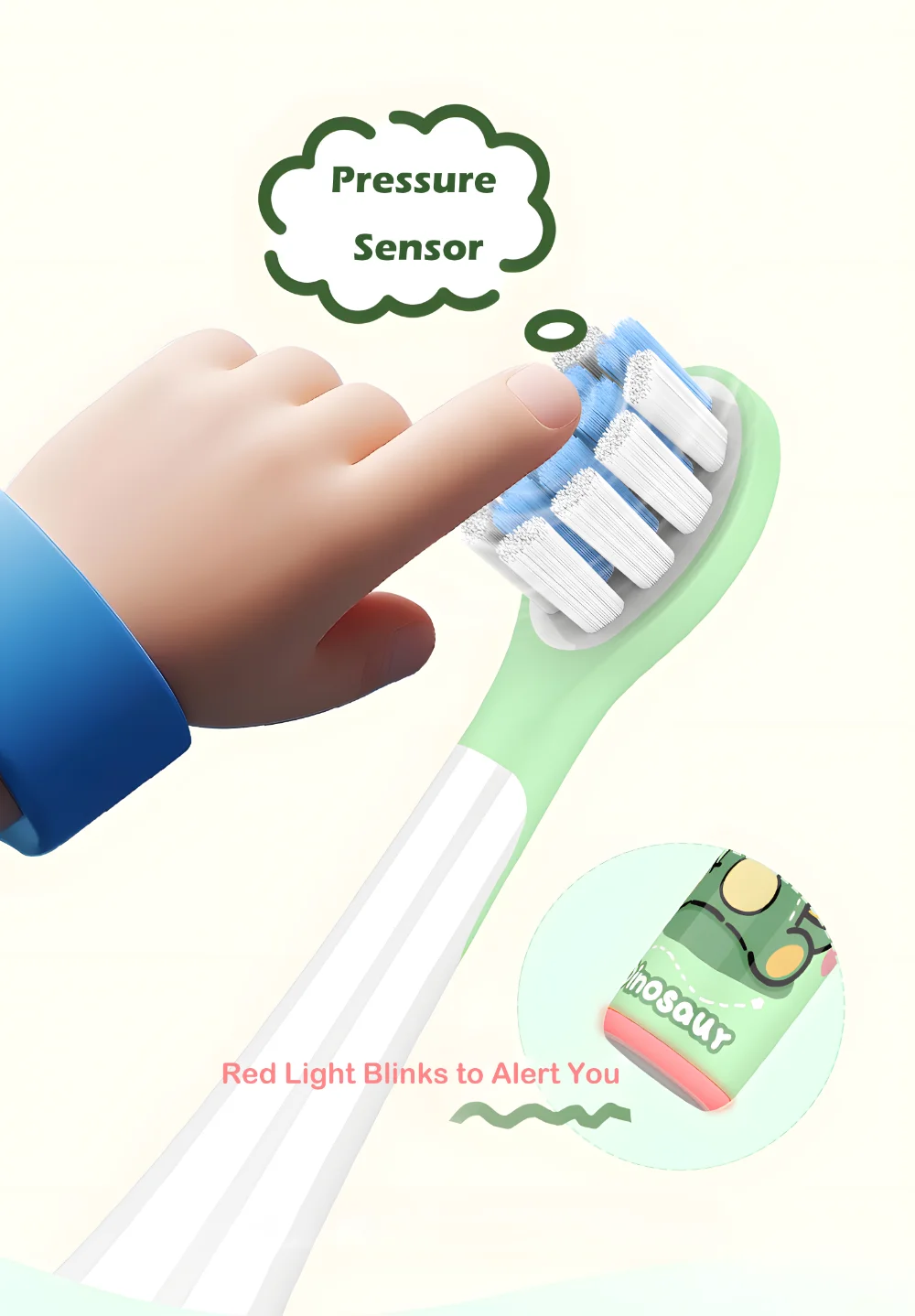 Pressure Sensor on a Kids Electric Toothbrush showing red light alert when brushing too hard, with close-up bristles and finger.