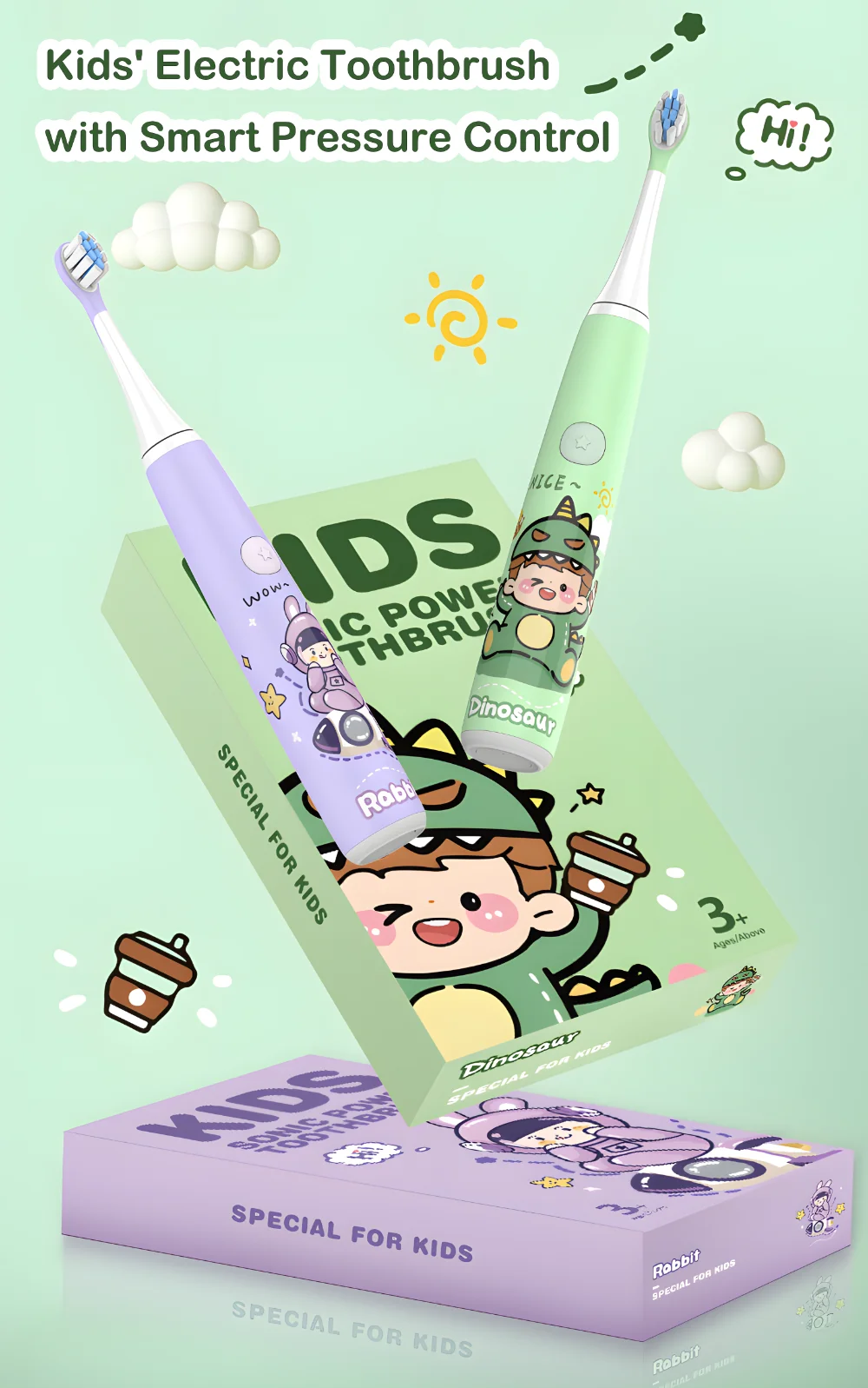 Kids Electric Toothbrush with Pressure Sensor set showing dinosaur and rabbit designs with boxed packaging on a mint background.