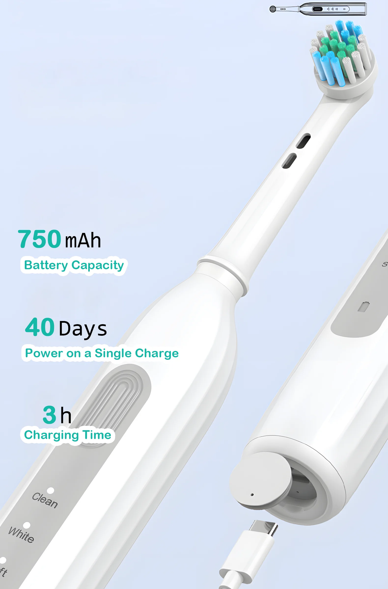Grin Teeth ET 6 rotating oscillating electric toothbrush with 750mAh battery, up to 40 days of use on a single charge