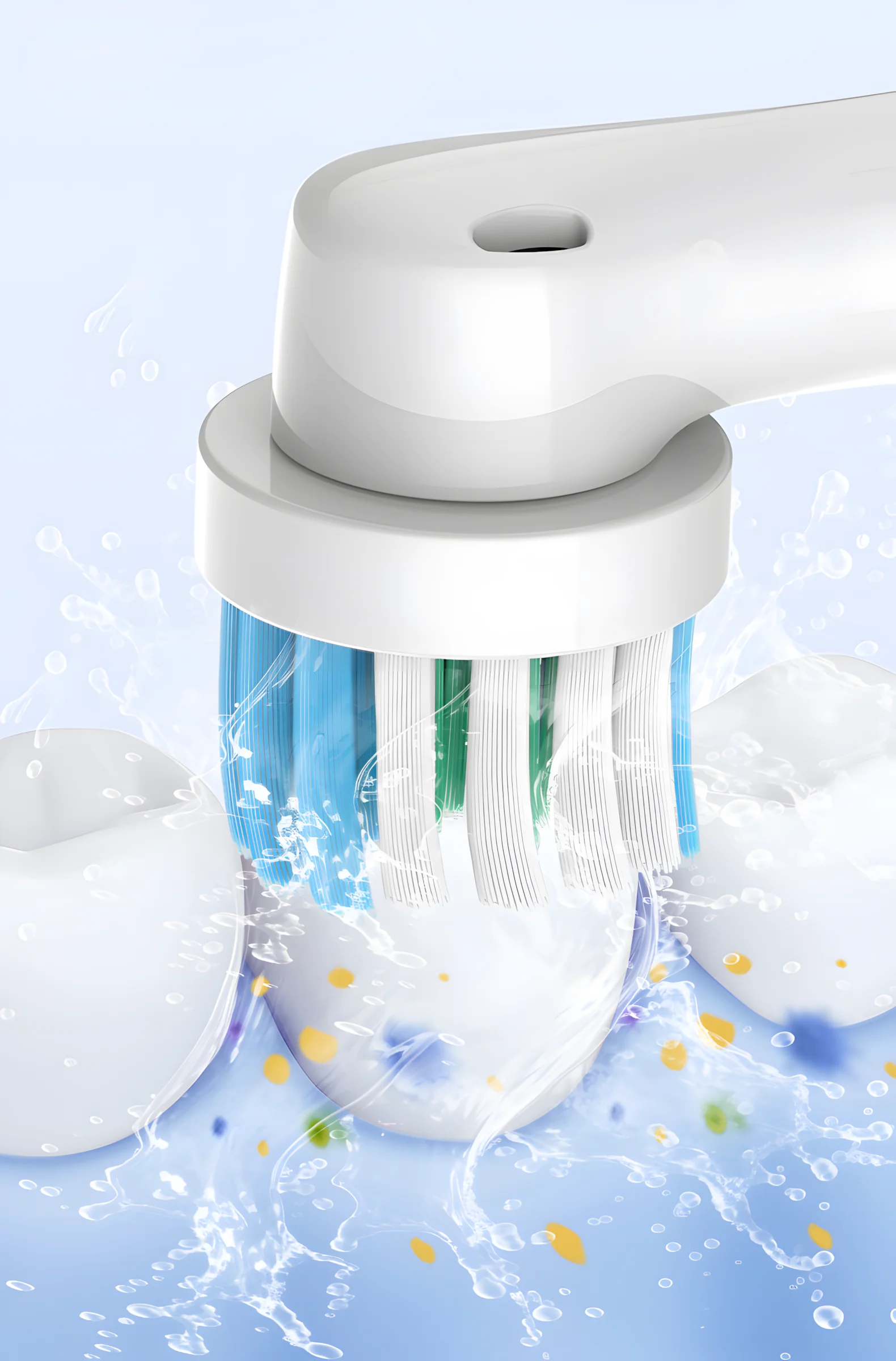 Close-up of Grin Teeth ET 6 rotating oscillating electric toothbrush head removing plaque with water flow and multi-level bristles