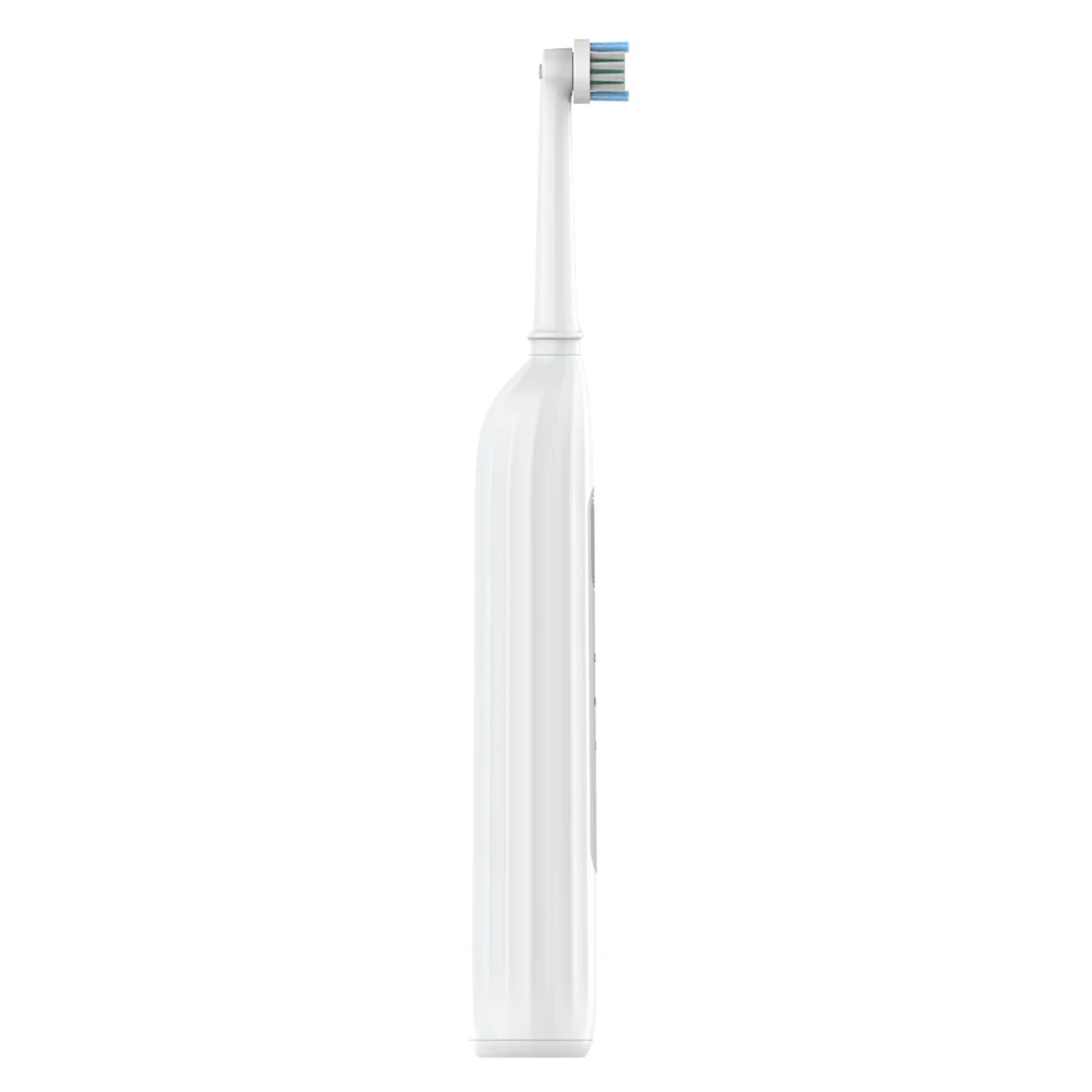 Back view of Grin Teeth ET 6B electric rotating toothbrush, quiet motor and minimalist white body