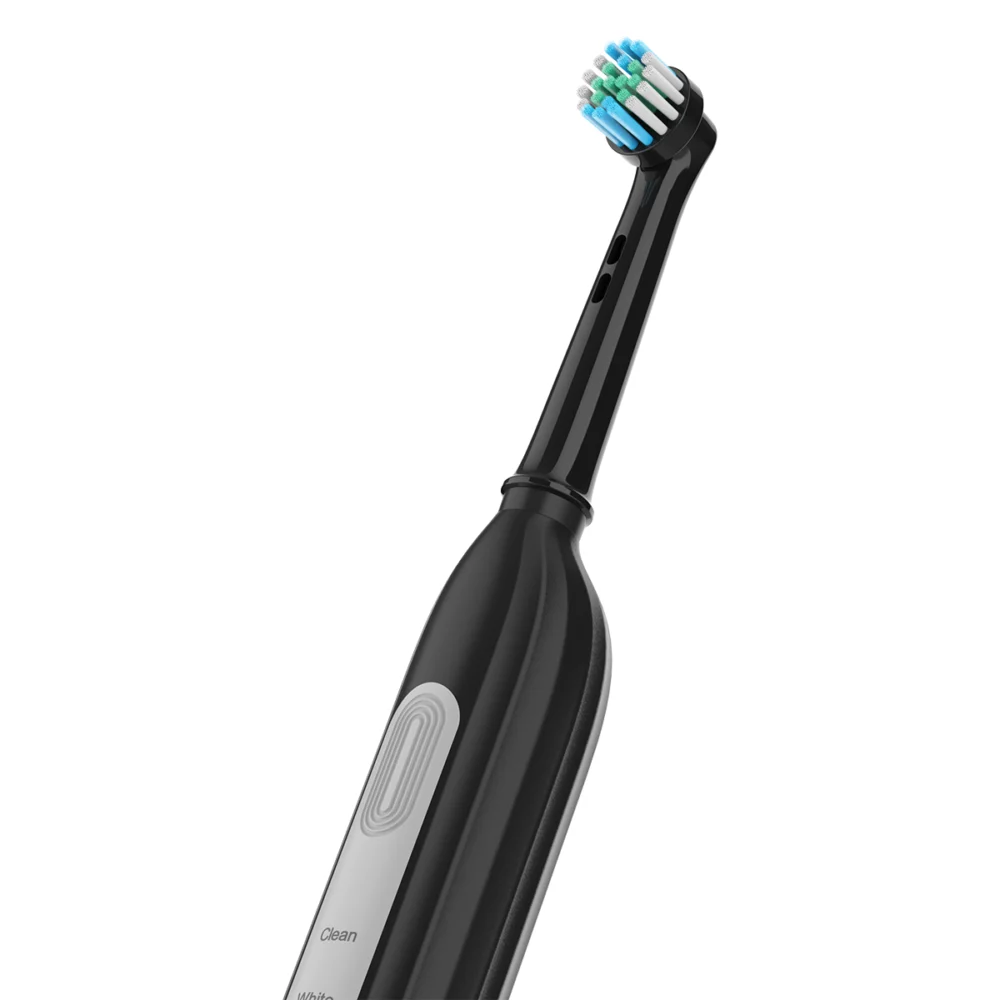 Angled close-up of Grin Teeth ET 6C rotating head electric toothbrush, quiet motor and precision brush head