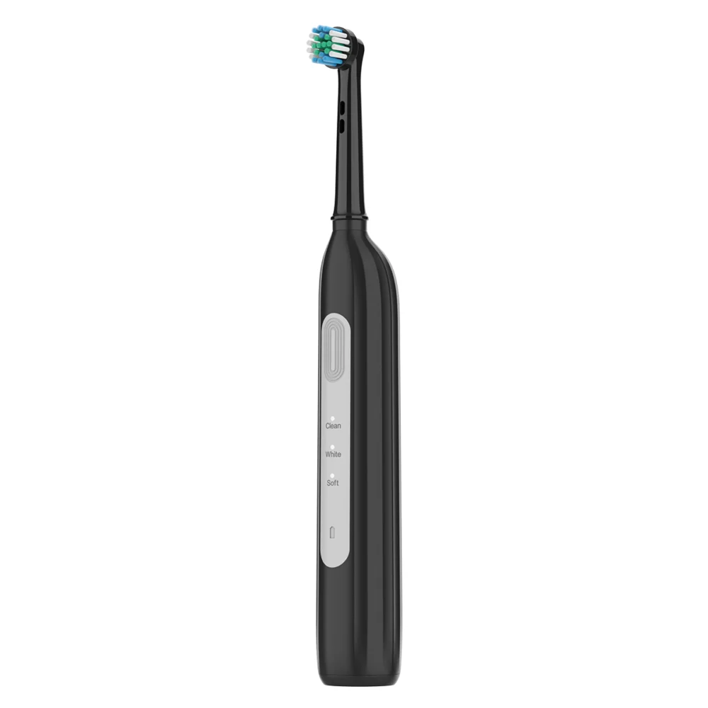 Side view of Grin Teeth ET 6C rotating head electric toothbrush with quiet motor and black ergonomic design