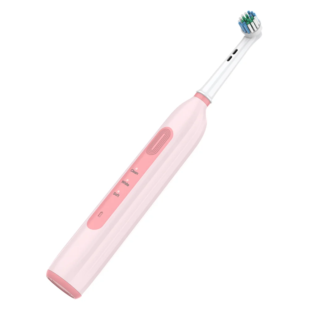 Angled view of Grin Teeth ET 6A rotating oscillating electric toothbrush in pink, quiet operation and multi-mode design