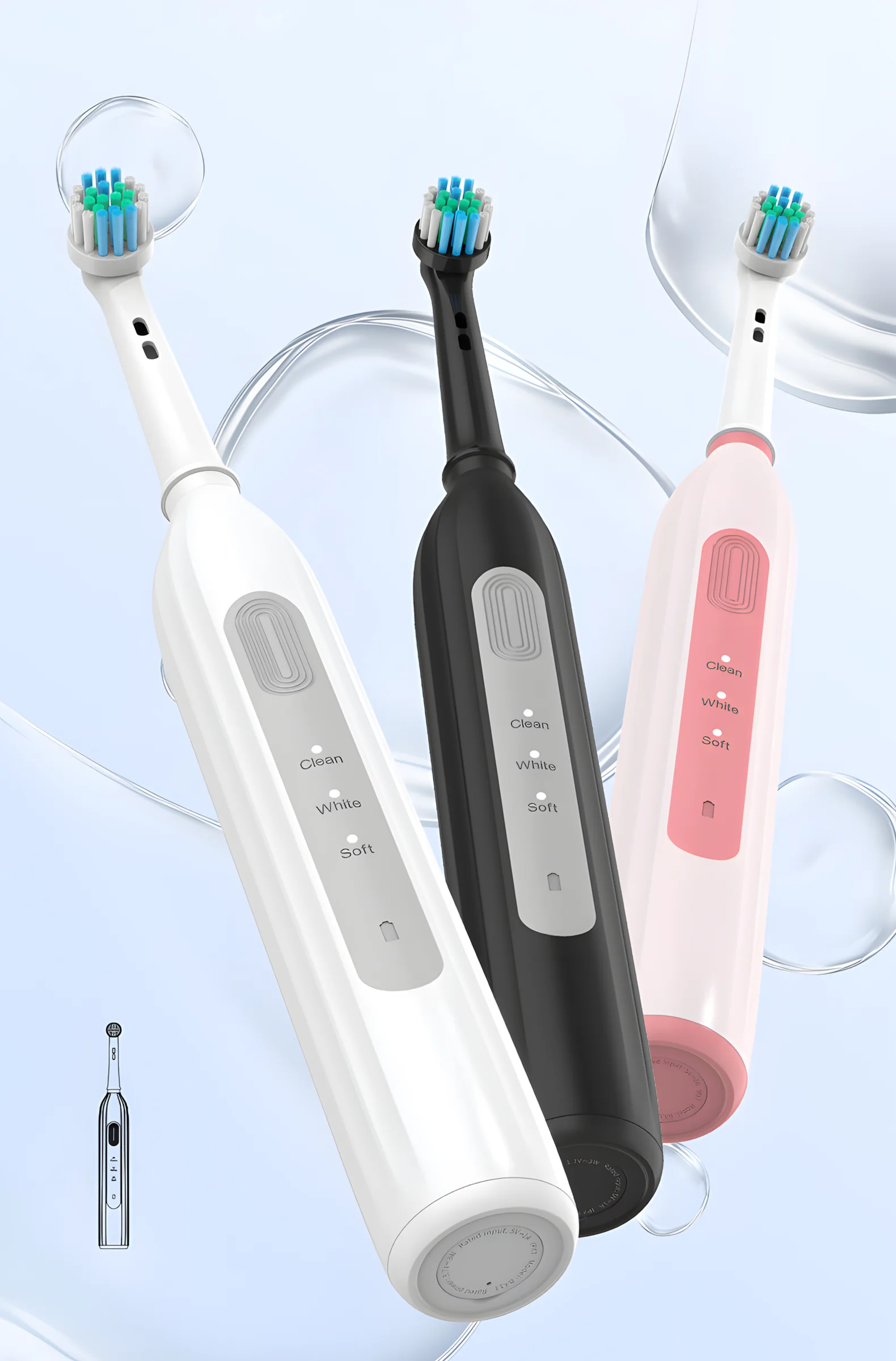 Grin Teeth ET 6 rotating oscillating electric toothbrush series in white, black and pink with quiet motor and rotating brush heads