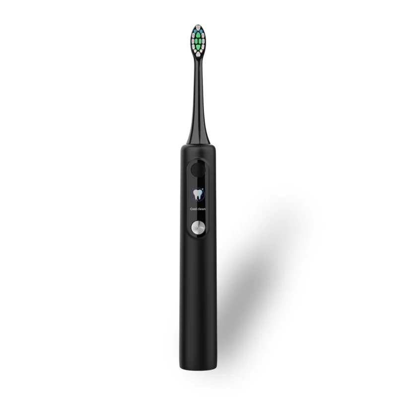 Grin Teeth ET 1B electric toothbrush with 2 Minute Toothbrush Timer, black handle with display, front view.