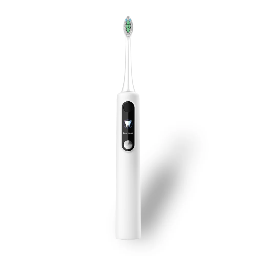 Grin Teeth ET 1A Electric Toothbrush with Timer, white handle with display, front view.