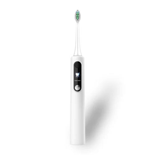 Electric Toothbrush with Timer | Grin Teeth ET 1A Grin Teeth ET 1A Electric Toothbrush with Timer, white handle with display, front view.